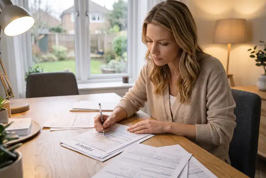 A woman sat at home filling in a Form E when her husband refuses to complete form e