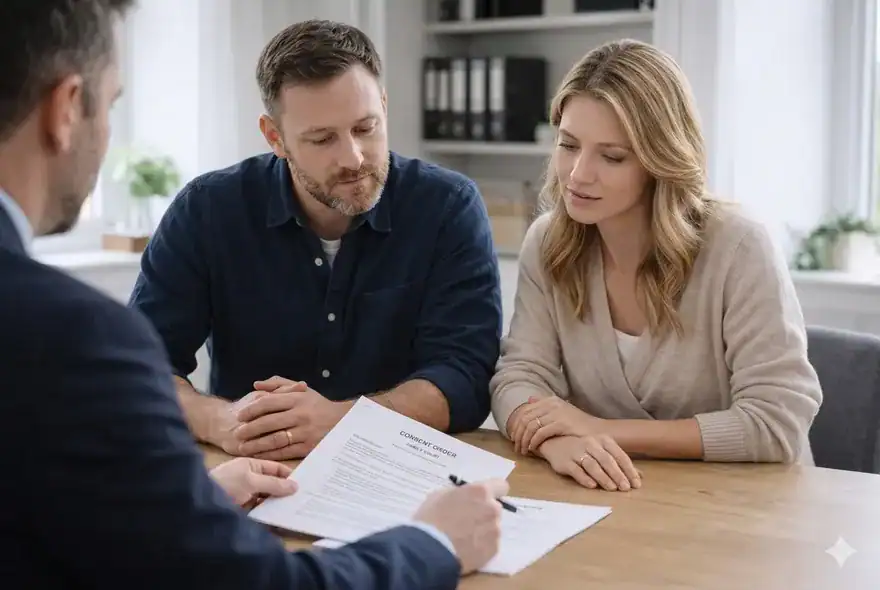 A couple sits across from a male lawyer at a wooden desk in a bright office, carefully reviewing a consent order legal document related to their divorce. The man, with a beard and wearing a blue denim shirt, leans forward with an engaged expression. The blonde woman, in a beige cardigan, looks thoughtfully at the paperwork. The lawyer points to a specific section with a pen, providing explanations. In the background, there is a bookshelf with binders and natural light from a window.