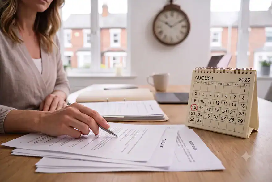 A detailed photo shows a woman wearing a beige cardigan pointing to legal documents titled "Final Order" on a wooden desk. A desk calendar for August 2026 with the 16th circled sits next to her, indicating key dates or a deadline within divorce timelines for England and Wales.