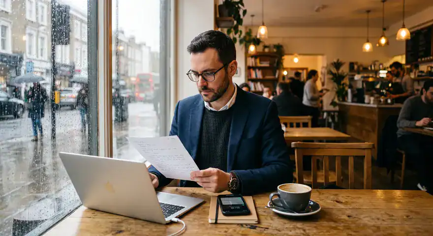 A man with dark hair, a beard, and glasses sitting at a rustic wooden table by a large window in a coffee shop. He wears a dark blue blazer over a black sweater and a white collared shirt. He holds and reads a printed document, with an open laptop, a smartphone resting on a notebook, and a cup of coffee on a saucer in front of him. Raindrops coat the windowpane, revealing a blurry view of a city street with buildings and a red double-decker bus outside. In the warm background, pendant lights illuminate the cozy interior of the cafe where other patrons are seated.