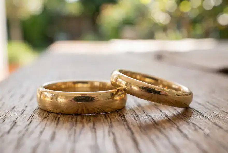 Two rings on table in a garden representing Civil Partnership Dissolution: Process & Timeline