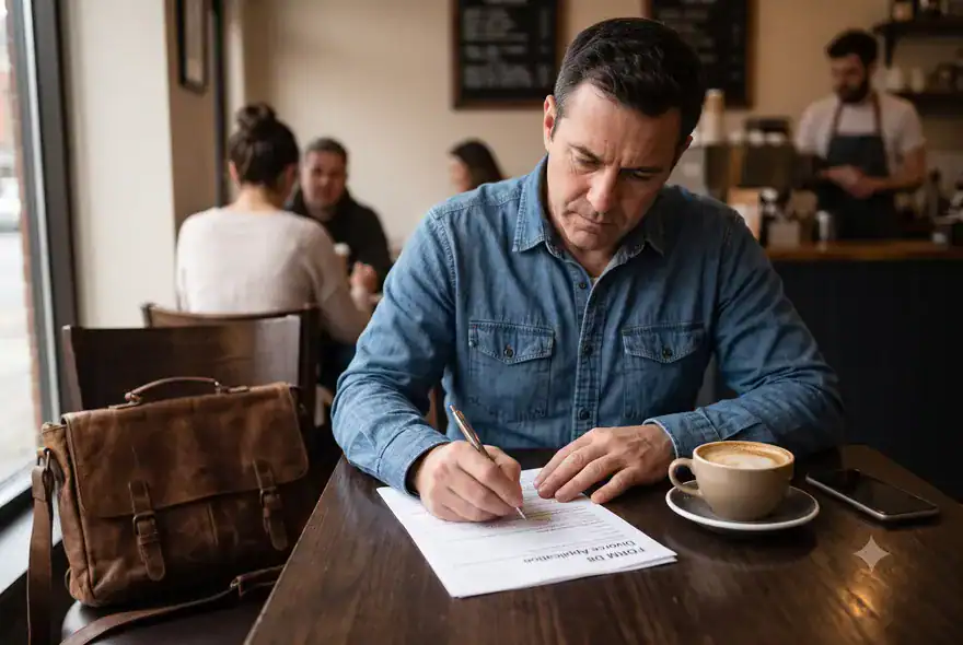 A man in a demin shirt in a coffee shop filling in Divorce application form D8
