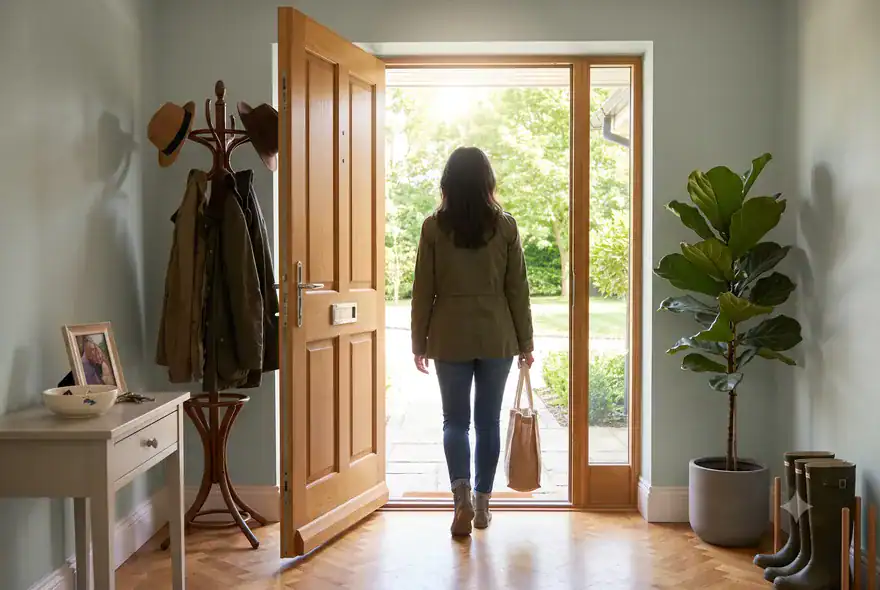 A woman holding a bag walks through an open front doorway of a house, illustrative of the question: if I leave the marital home, what are my rights?