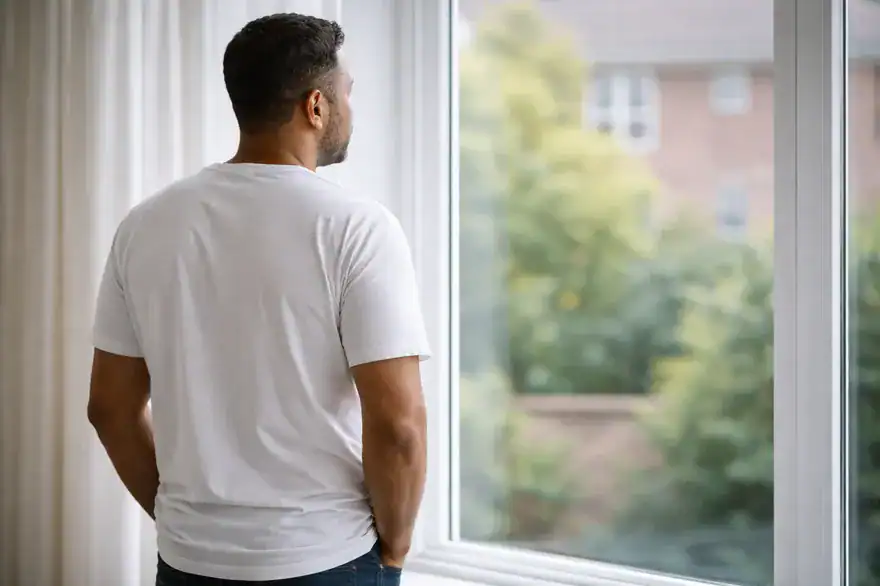 man staring out of his window worrying