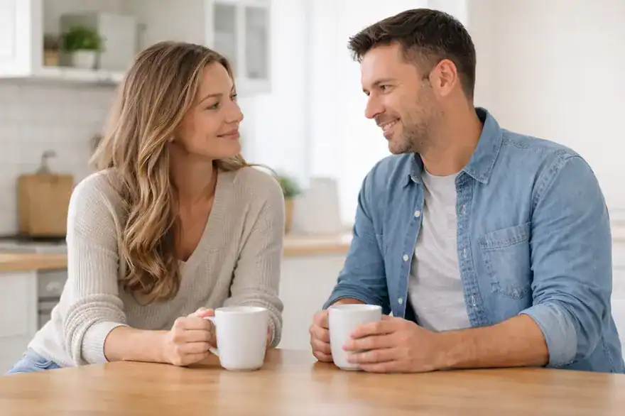 Prenuptial agreement couple talking over a coffee