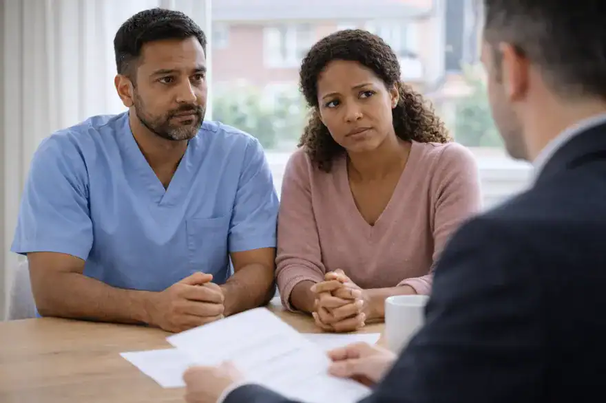 Family solicitors talking to NHS staff couple.