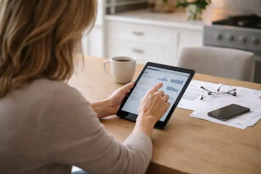 Lady reviewing financial data on an ipad