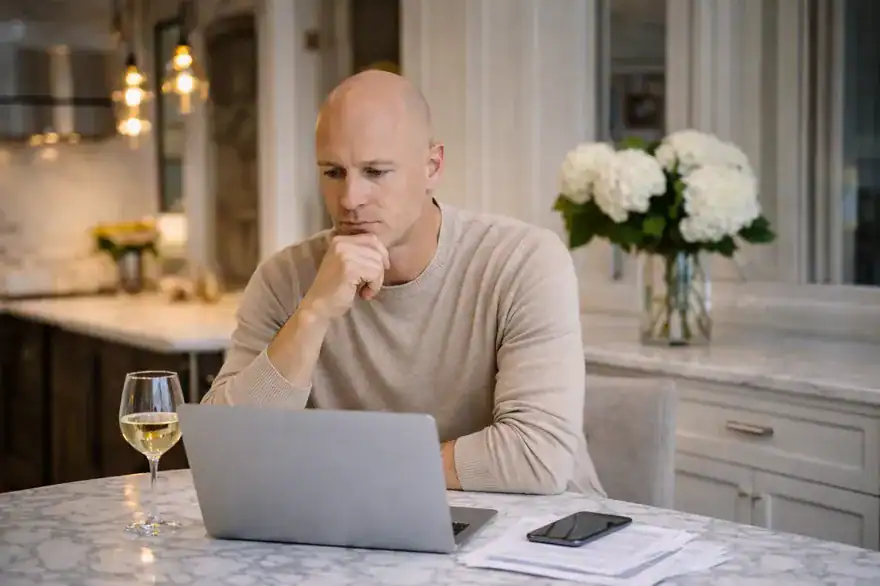 Man in kitchen researching high net worth divorce lawyers